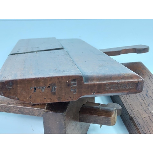 119 - Vintage wooden plane, marking gage and tri square, one marked 'Stewart'