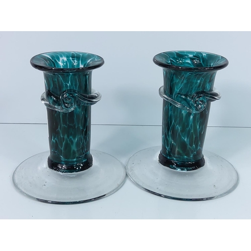 138 - Pair of glass candlesticks signed 'A Hay'