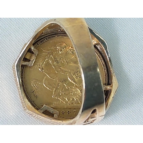 229 - 1887 full sovereign mounted in ring, size W gross 17g