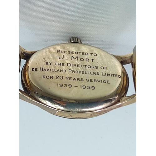 315 - Cased Gents 1967 9ct gold Garrard wrist watch with interesting De Havilland Propellor inscription to... 