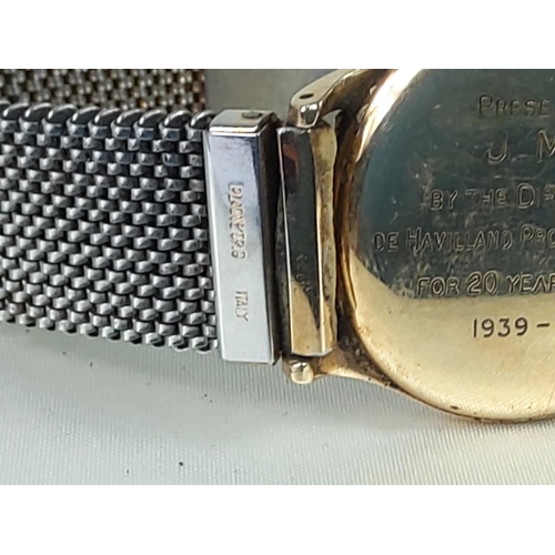 315 - Cased Gents 1967 9ct gold Garrard wrist watch with interesting De Havilland Propellor inscription to... 