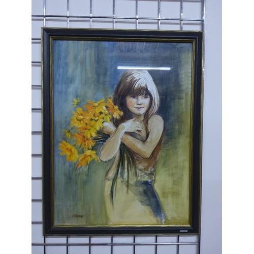 42 - Original artwork of girl with flowers signed J Hodder, 67cms x 53cms