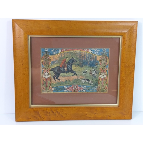 46 - Maple framed Victorian chronomatic hunting scene print, 33cms x 28cms