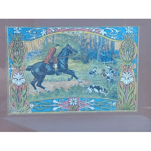 46 - Maple framed Victorian chronomatic hunting scene print, 33cms x 28cms