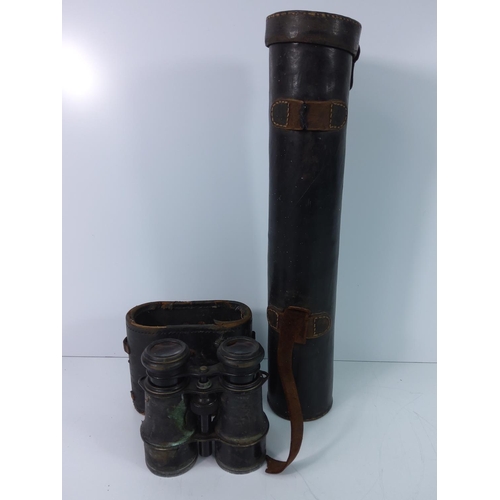 60 - Cased binoculars, telescope case and wooden plane