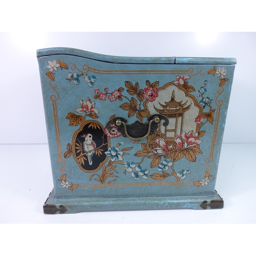 75 - Painted vintage Japanese jewellery chest with lifting mirror top and decoration inside and out, 29cm... 