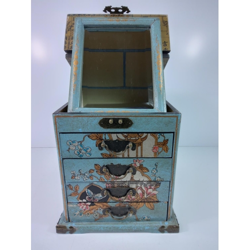 75 - Painted vintage Japanese jewellery chest with lifting mirror top and decoration inside and out, 29cm... 