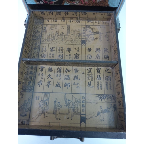 75 - Painted vintage Japanese jewellery chest with lifting mirror top and decoration inside and out, 29cm... 