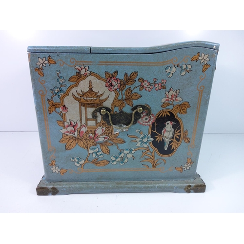 75 - Painted vintage Japanese jewellery chest with lifting mirror top and decoration inside and out, 29cm... 