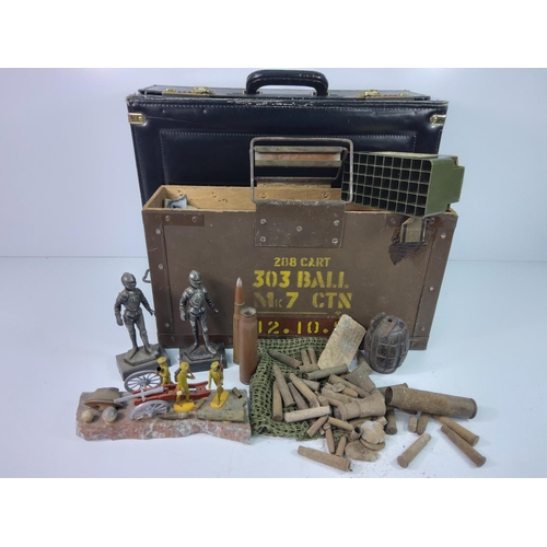 27 - Military ephemera, ammo box, briefcase, military figures, diggings etc