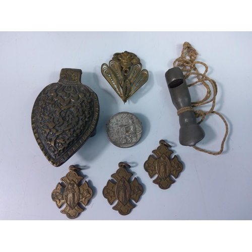 389 - Ornate belt buckle, filigree flower brooch, pin badge, 3 medals and a horses hook shaped heavy metal... 