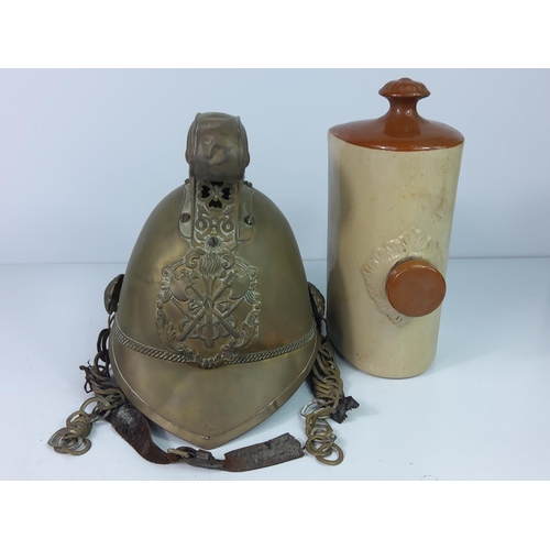 37 - Antique brass firemans helmet and warming bottle