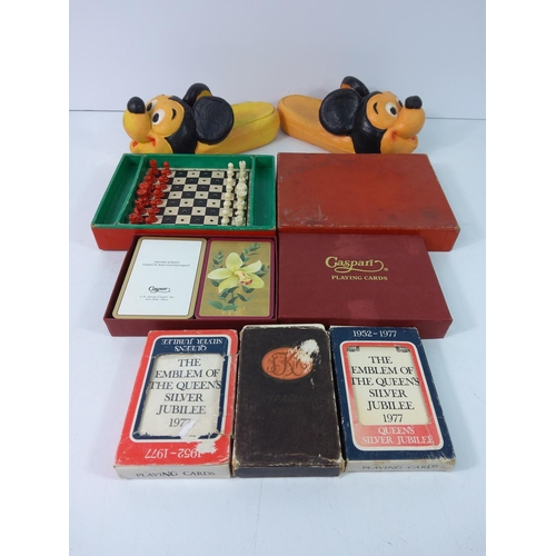 104 - Stamps, playing cards and vintage Mickey Mouse slippers