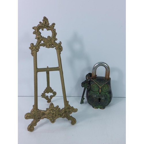 153 - Owl padlock and brass easel