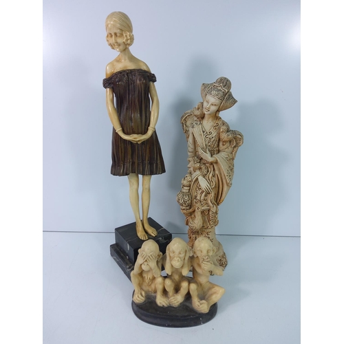 163 - Art Nouveau figure, Oriental figure and 3 wise monkeys