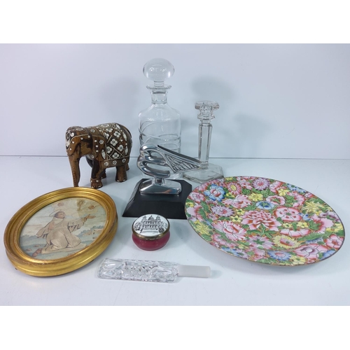 204 - Oriental plate, decanter, car mascot and other items