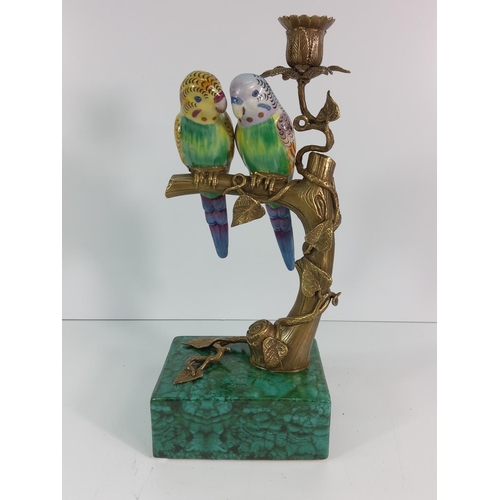 219 - Bronze and porcelain candle holder in the form of birds on a branch with marble base