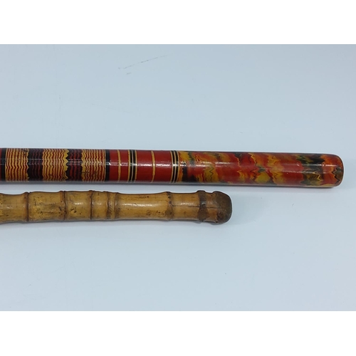 223 - Bamboo crop and a painted Georgian wooden swagger stick