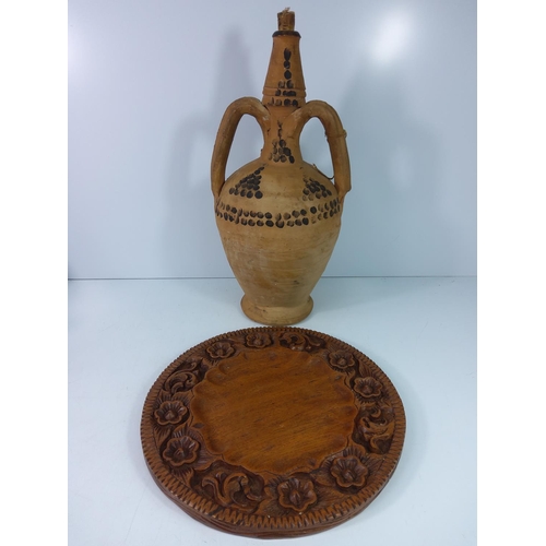 230 - Wine bottle, Bavarian jug and wooden plate