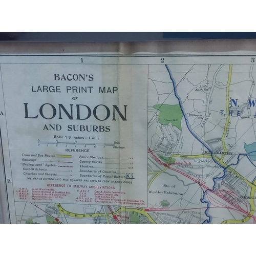 286 - Framed 1921 Bacon's map of London with original map book attached, 100cms x 85cms