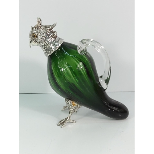 300 - Green glass and metal parrot decanter, 15cms in height