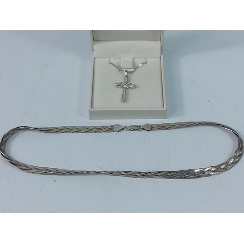 350 - Silver bangle, necklace and cross on chain