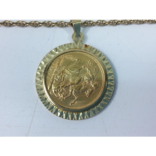 336 - Mounted 1903 full sovereign on chain, gross 16.4g