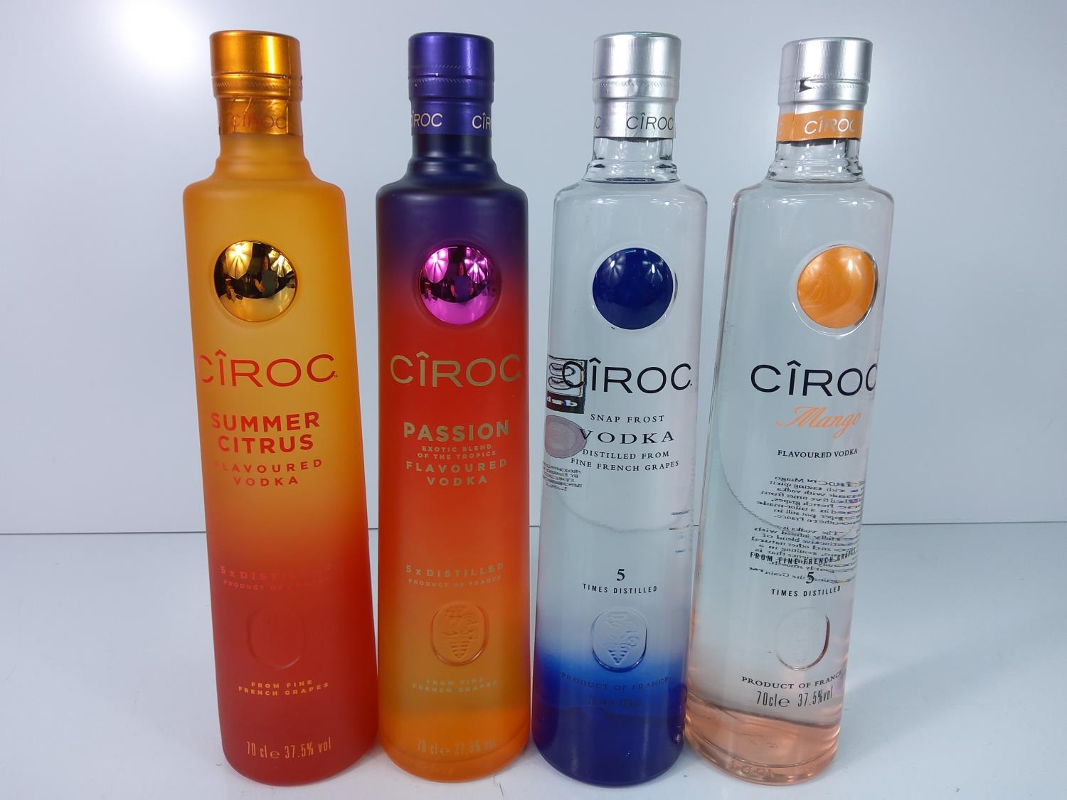 4 70cl bottles of Ciroc vodka Mango Snap Frost Passion and