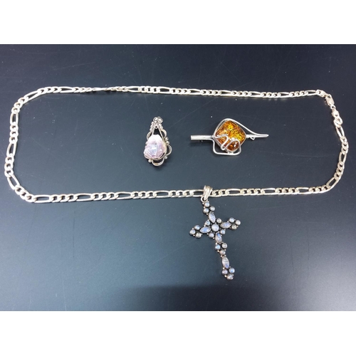254 - Silver stone set cross on chain, silver pendant and silver bar brooch