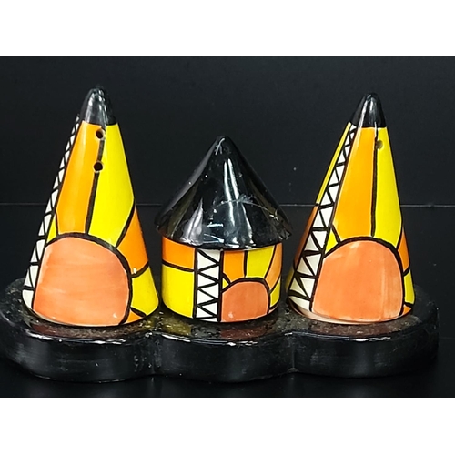 355 - Lorna Bailey wall pocket, 16cms in height and a Lorna Bailey 3 piece conical cruet on stand (please ... 