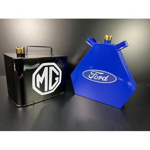 135 - Miniature Ford and MG oil can - Ford: 24 X 24 X 7CM MG: 20 X 19 X 12CM