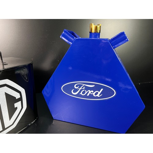 135 - Miniature Ford and MG oil can - Ford: 24 X 24 X 7CM MG: 20 X 19 X 12CM