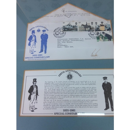 198 - Framed First Day cover and military badges picture, largest 45cms x 35cms