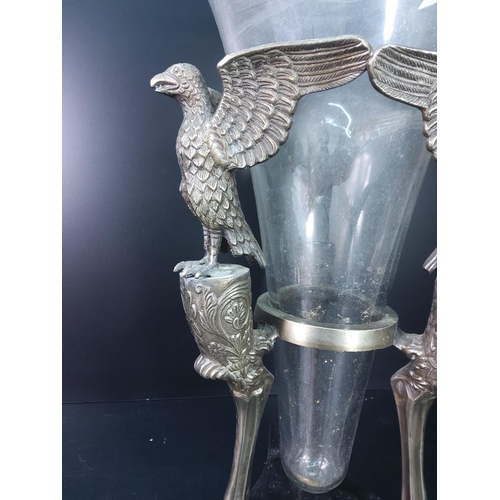 99 - Large centrepiece vase with 3 eagle supports, 50cms in height x 29cms diameter