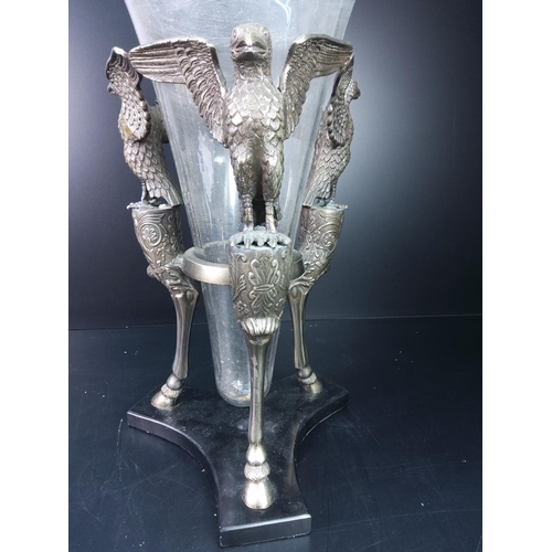 99 - Large centrepiece vase with 3 eagle supports, 50cms in height x 29cms diameter