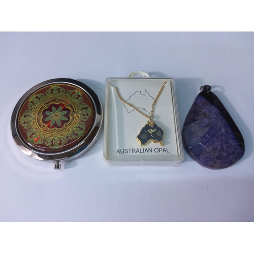 362 - Russian compact, Australian opal pendant on chain and a polished amethyst pendant