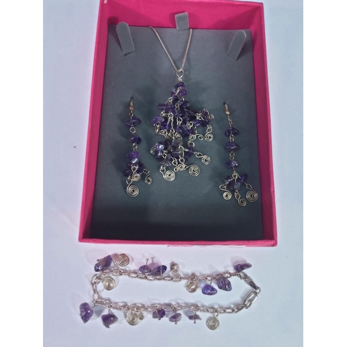 363 - Boxed hallmarked silver and amethyst necklace, bracelet and earrings