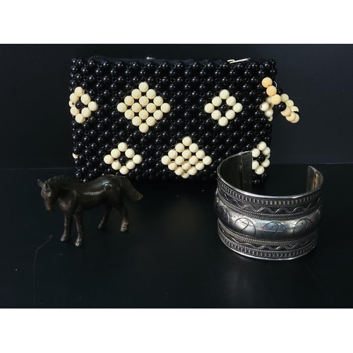 364 - Bronze horse, bangle and African handmade beaded purse