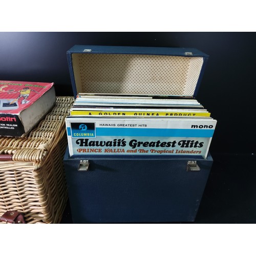 51 - Hamper, electronic game and box of records