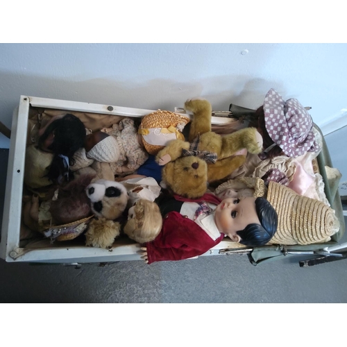 107 - Vintage dolls pram with various vintage dolls and bears and a box of rag dolls