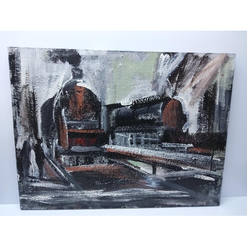 86 - Large signed oil on canvas painting of a steam train and a small oil of a steam train, largest being... 