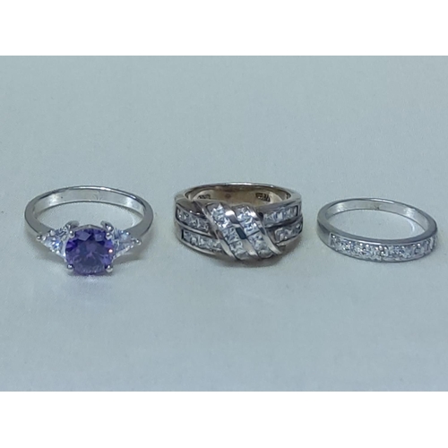 335 - 3 silver stone set rings, sizes P,R & P