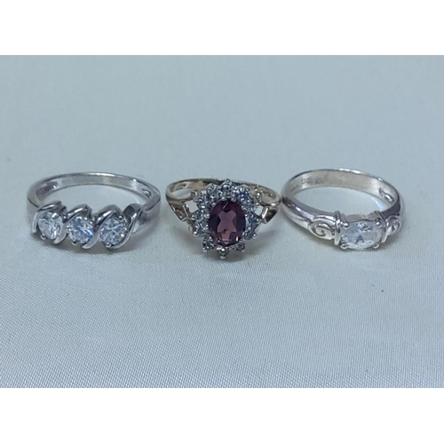 337 - 3 silver stone set rings, sizes O,R & P