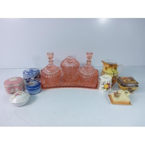 157 - Doulton dinnerware, a vintage mincer, glass dressing table set, trinket ware and cottage ware etc