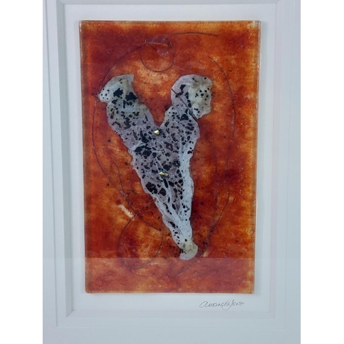 184 - Original one off kiln formed fused glass art in a mirrored frame by Amanda Jones with Studio label t... 