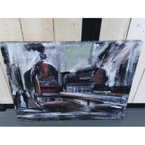 86 - Large signed oil on canvas painting of a steam train and a small oil of a steam train, largest being... 