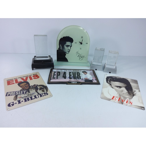 66 - 3 Elvis metal signs, Elvis clock and 3 Elvis holograms