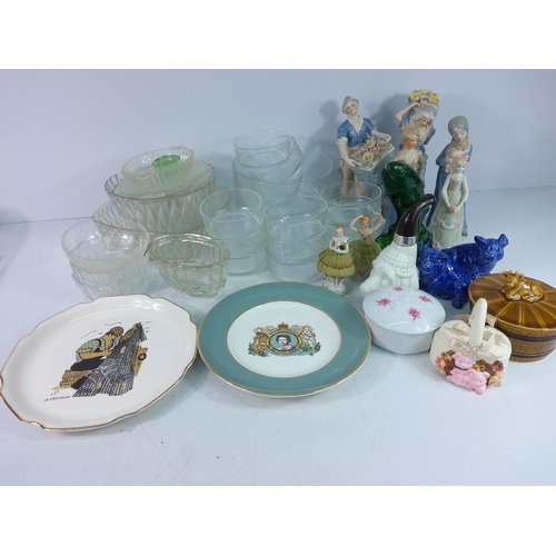 131 - 2 boxes of china, glass, figures and collectables, including Poole Pottery plates, Fruit/trifle bowl... 