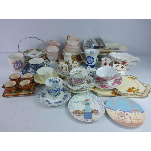 131 - 2 boxes of china, glass, figures and collectables, including Poole Pottery plates, Fruit/trifle bowl... 