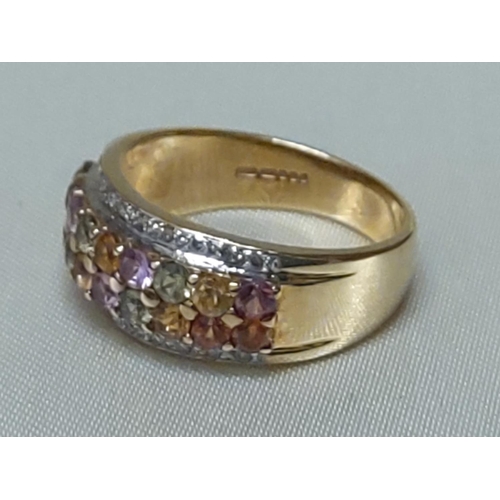 201 - 9ct gold multicoloured stones and diamond ring, size O